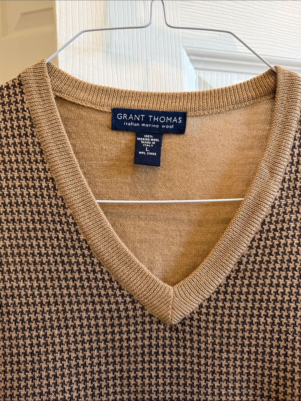 Grant Thomas Men’s V-Neck Sweater Vest in Tan and Brown - Picture 2 of 3